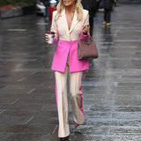 Women Suit Blazers VONDA Ladies Casual Lapel Coats Color Patchwork Autumn Office Formal Long Sleeve Thin Pant Sets no