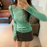 Pure Color Slim, Slim, Skinny, Bottomed Sweater, A New Autumn Style Soft Waxy Round Collar With A Long-Sleeved Blouse-Outfit