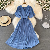 summer new V neck short sleeved dress over the knee slim temperament waist tie big swing pleated Solid Color High