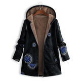 Winter Women's Vintage Printed Coats Warm Plus Size Loose Zipper Hooded Outerwears Casual Long Sleeve Female Wool