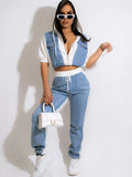 Fall Casual 2 Two piece Set Outfits Women Short Sleeve Hoodie Tops 2022 Baggy Pants Suits White Patchwork Matching