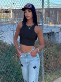 Summer Streetwear Top Women 2022 Sleeveless White Print Embroidery Crop Top Fashion Club Black Blue O Neck Tank Top