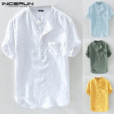 Men Shirts Stand Collar Solid Loose Cotton Blouse Short Sleeve Brand Shirts Retro Harajuku Camisas Hombre Summer