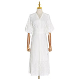 Vintage Dress For Women V Neck Puff Half Sleeve Ruched Tunic Hollow Out Designer Loose Mid Dresses Female 2023