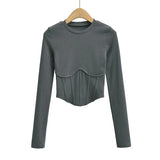 y2k streetwear white crop tops women long sleeve tees sexy o neck cropped t shirt bright line black tops cute ribbed-Outfit