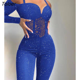 Women Tribal Pattern Flocked Mesh Patch Long Sleeve Jumpsuit 2023 Autumn Europe and America Fashion Women's