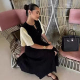 Elegant Knitted Dress Round Collar Single Buckle Horn Sleeve Fishtail Dress Medium Long