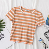 T Shirt Women Rainbow Striped Tops Slim Fit t shirt Harajuku Tshirt Summer Short Sleeve Korean T-shirt feminina Clothes