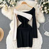 Spliced Fashion Knitted Dress Women Long Sleeve Elastic Waist Short Sweater Dress 2022 Winter Sexy Bodycon Warm