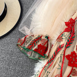Embroidery Floral Mesh Dress for Women V-Neck Sexy Off Shoulder Holiday Camis Dress Ladies Long Robe Femme