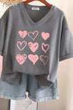 100% Cotton L-6XL T Shirt Plus Size Tshirt Short Sleeve Women Top Summer Heart Print Sweet V Neck Oversized T