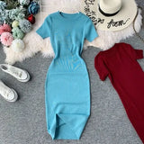 2022 New Short Sleeve Solid Vintage Women Dress Korean Knit Stretch Waist Elegant Dresses O Neck Bodycon Vestidos