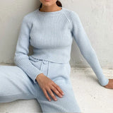 Summer Knitted Sweat Suits Women Matching Sets Long Sleeve Hoodie+wide-legged Pants Loungewear Sweater Set Two Piece