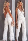White Elegant V-neck Sleeveless Solid Lace Backless Full Length Regular Straps Rompers 425-1-Outfit