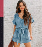 Piece Jeans Stretch Jumpsuits Women V Neck Short Sleeve Solid Denim Casual Rompers Ladies Lace Up Playsuits Pockets-Outfit