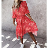 Floral Dress Aysmmetrcial Half Sleeve Printed Buttoned V-Neck Dress High Waist Boho Holiday Vestidos Fashion Midi