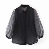 Dot Embroidery Women Organza Blouse 2021 Lantren Sleeve Black See Through Chic Top Casual Turn Down Collar Shirt