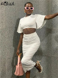 Fall Casual 2 Two Peice Set Women Outfts Skirts Short Sleeve O Neck Crop Top Maxi Ruched Skirts White Matching Dress