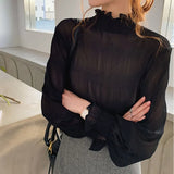 Mujer 2021 Spring and Summer Women Tops Long Sleeve Loose All-match Chiffon Shirts Bell Sleeve Shirt Base Shirt