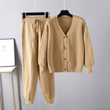Winter Fashion Knitted Two Pieces Suits V Neck Button Loose Cardigan+Pocket Drawstring Long Pant Women Sweater