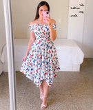 Fashion Off Shoulder Flower Dress Elegant Slash Neck Short Sleeve Flower Print Elastic Irregular Dress
