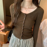 Short-Shouldered Long-Sleeved T-Shirt Women's New Autumn Cardigan Slim And Thin Round-Neck Bottomed Blouse-Outfit