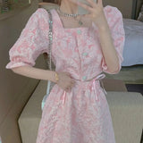 Summer Two-piece Sets Elegant Sweet Jacquard Square Collar Puff Sleeve Button Chic Top + A-line Mini Skirt