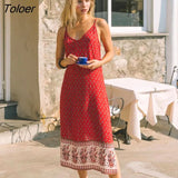 Backless Split Floral Printed Summer Strap Midi Dress Sleeveless Vintage Cami Vestidos Beach Boho Casual Women Slip