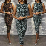 Sexy Party Dress Women Elegant Mid-Calf Dress Bodycon Floral Print Sleeveless Evening Lady Clothes-Outfit