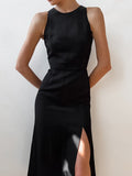 Black Cotton Linen Vest Woman Evening Dress Spring 2023 High Waist Slit Dress Summer Elegant Party Sleeveless