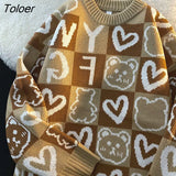 Khaki Lovers Sweet Girl Bear Cartoon Aesthetic Sweater Women Streetwear Plaid Winter Pullover Oversized Streetwear