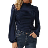 New T Shirt Women Clothing Solid Stand Neck Long Sleeve Plus Size Fashion Ruched Chic Tops Ladies Casual Slim Tee