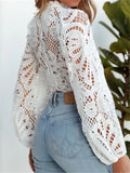 Elegant Women Long Sleeve Lace Blouses Tops White Casual Crochet Hollow Out Turtleneck Stylish Shirts Female Pullover-Outfit