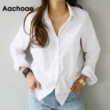 Women Casual White Blouses Long Sleeve Office Shirts 2021 Turn Down Collar Solid Pocket Shirt Ladies Plus Size Tunic