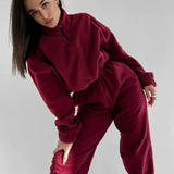 Winter Zipper Splice Stand Collar Women Two Piece Sets Short Tops Full Sleeve Solid Straight Long Pants Set Casual Loose-Outfit