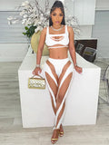 Streetwear Womens 2 Two Peice Sets Outfits Sleeveless Hollow Out Top Mesh Patchwork Pants Suits Pink Matching Sets