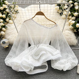 Summer Women Hollow Out Blouse Female Purple/Black/White Puff Long Sleeve Irregular Skew Collar Ruffle Shirts New Fashion