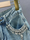 Women's Jeans Diamond Spliced High Waist Long Loose Straight Wide Leg Burrs Denim Pants 2024 Summer New Fashion 29L2711-Outfit
