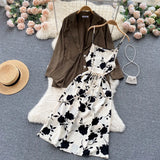 Autumn Women Floral Dress Suits Print Strap Dress+ Long Sleeves Loose Blazer Sets Office Lady Jackets Two Pieces