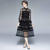 Vintage Cascading Ruffles Flower Dress New Spring Women Sweet Lace Mesh Dot Stand Bow Floral Embroidery Party