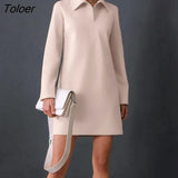 Casual Office Mini Dress A-Line Lapel Elegant Loose Plain Fall Robe Lady Khaki Long Sleeve 2022 Chic Dresses For Women