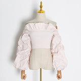 Vintage Ruffles Women Blouse Slash Neck Lantern Long Sleeve Short Shirt Female Fashion Clothing 2020