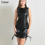Women Robe Mini Dresses Summer Solid Color Club Pu Leather Shrinkage Drawstring Sleeveless Slim Hips Pencil Dress For