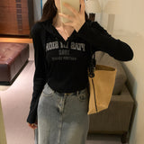 Hooded Printed Long-Sleeved T-Shirt Women's Autumn And Winter New Style Embellished Thin Short Blouse-Outfit