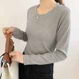 And Autumn Simple Slim Bottomed Shirt Women 2023 Autumn And Winter New Style White Shirt With Round Collar And Long Sleeves T-Shirt-Outfit