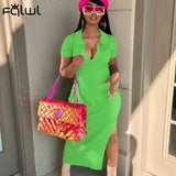 Streetwear Fashion Short Sleeve Dresses For Women 2022 V Neck Long Bodycon Dress Women Blue Maxi Side Split Party