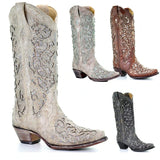 Women Autumn Winter Glitter Inlay and Crystals Boots Pointed Toe Retro Thick Heel Western Boots Shoes Elegant White Knee