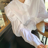 Women Puff Sleeve Folds Design Korean Style Solid Simple Leisure Harajuku Loose Fashion Turn-down Collar Vintage