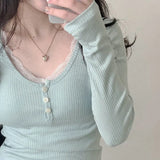Y2K Lace Trim Patchwork Button Knitted Crop Top Cute Long Sleeve V Neck T-Shirt Korean Chic Harajuku Pullovers Autumn Winter-Outfit