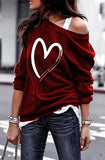 Yskkt Women's Pullover Sweatshirt Heart Printed Long Sleeve One Shoulder Tops Autumn Winter Sweat Shirts Woman Casual